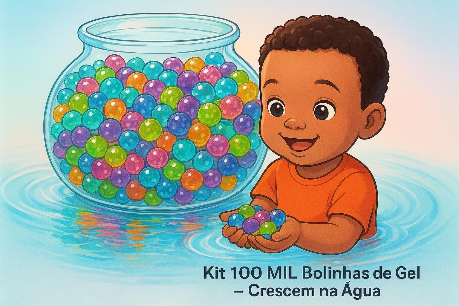 Descubra o Kit 100 mil bolinhas de gel 7‑8mm que cresce na água, perfeita para projetos de arte, decoração e ciência. Fácil de usar e visualmente fascinante. (imagem gerada com inteligência artificial)