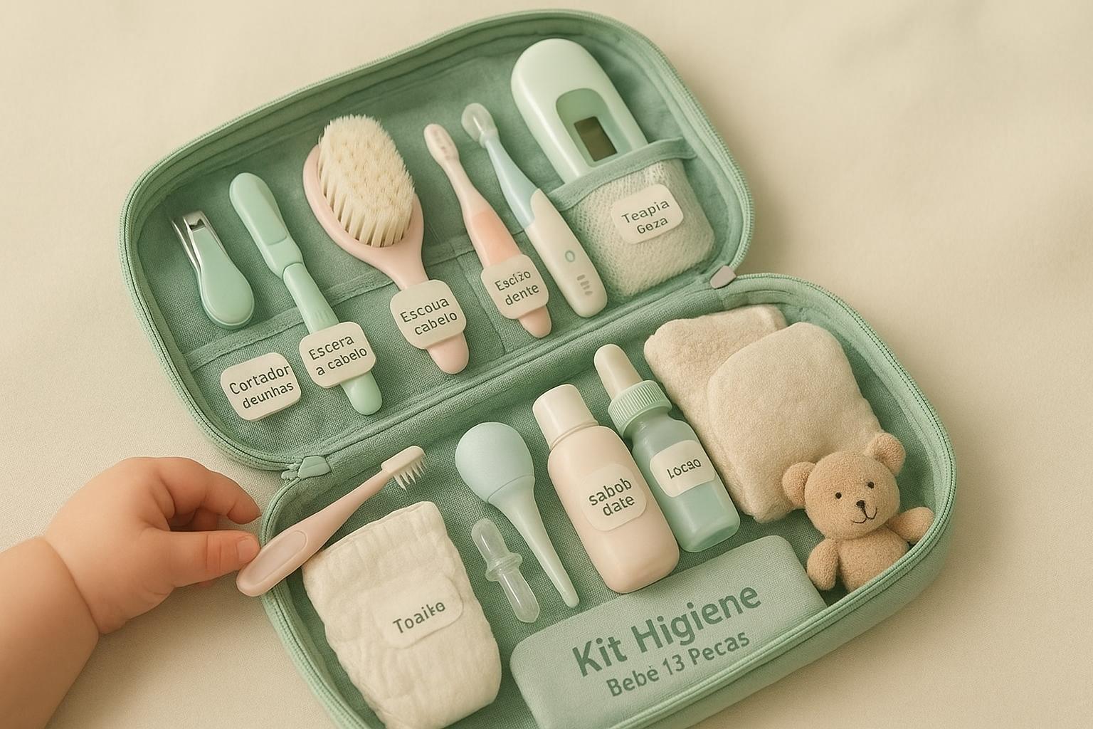 Descubra o Kit 13 peças de higiene para recém‑nascidos: cortador, escova, pente, tesoura de unha e mais. Essencial para cuidados seguros e suaves no bebê. (imagem gerada com inteligência artificial)
