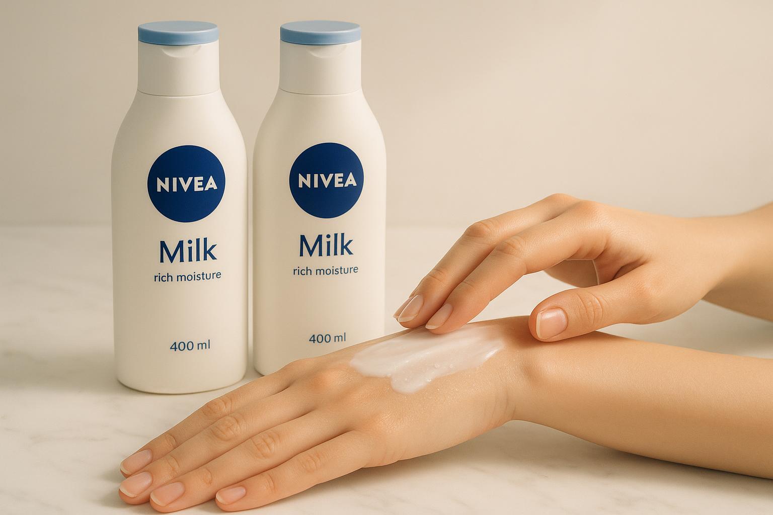 Descubra o poder da Kit NIVEA Loção Hidratante Milk: 400ml, 2 unidades, perfeito para pele seca e extrasseca, hidrata intensamente e revitaliza a pele. (imagem gerada com inteligência artificial)